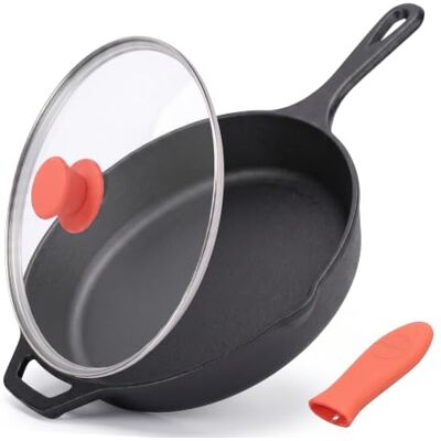 Nutrichef Gietijzeren pan, 25,5 cm, voorgekruid – antiaanbaklaag met deksel en siliconen handvat, geschikt voor oven en gas, schenkrand, gelijkmatig koken Nutrichef Gietijzeren pan, 25,5 cm, voorgekruid – antiaanbaklaag met deksel en siliconen handvat, geschikt voor oven en gas, schenkrand, gelijkmatig koken