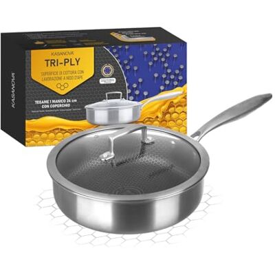 KASANOVA TRI-PLY PAN MET EEN HANDVAT 24 CM DEKSEL 3 LAGEN KASANOVA TRI-PLY PAN MET EEN HANDVAT 24 CM DEKSEL 3 LAGEN