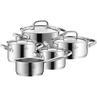 WMF Gourmet Plus 5-delige inductiekookpan met metalen deksel, Cromargan mat roestvrij staal, zonder coating, binnenschaal WMF Gourmet Plus 5-delige inductiekookpan met metalen deksel, Cromargan mat roestvrij staal, zonder coating, binnenschaal