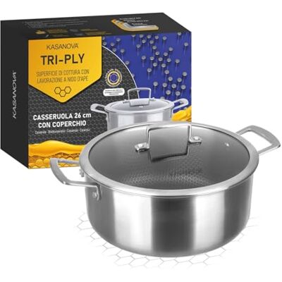KASANOVA Tri-Ply inductiekookpan met glazen deksel 3-laagse antiaanbaklaag (26 cm) KASANOVA Tri-Ply inductiekookpan met glazen deksel 3-laagse antiaanbaklaag (26 cm)