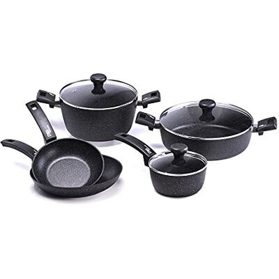 Moneta Etnea Professional batterij 8 gebruiksvoorwerpen met 1 pan 20 cm en 1 pan 26 cm, 1 steelpan 1 handvat 16 cm, 1 pan 2 handgrepen 24 cm, 1 pan 28 cm, 3 deksels 16, 24 en 28 cm, zwart Moneta Etnea Professional batterij 8 gebruiksvoorwerpen met 1 pan 20 cm en 1 pan 26 cm, 1 steelpan 1 handvat 16 cm, 1 pan 2 handgrepen 24 cm, 1 pan 28 cm, 3 deksels 16, 24 en 28 cm, zwart
