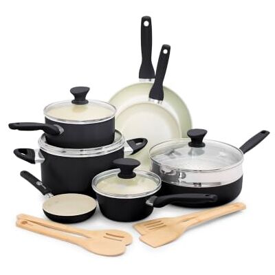 GreenPan Rio Kookgerei met antiaanbaklaag van gezond keramiek, 16-delig, inclusief braadpannen, potten, gebruiksvoorwerpen, PFAS-vrij, handgreep blijft koud, ovenbestendig tot 160 °C, zwart en crème GreenPan Rio Kookgerei met antiaanbaklaag van gezond keramiek, 16-delig, inclusief braadpannen, potten, gebruiksvoorwerpen, PFAS-vrij, handgreep blijft koud, ovenbestendig tot 160 °C, zwart en crème