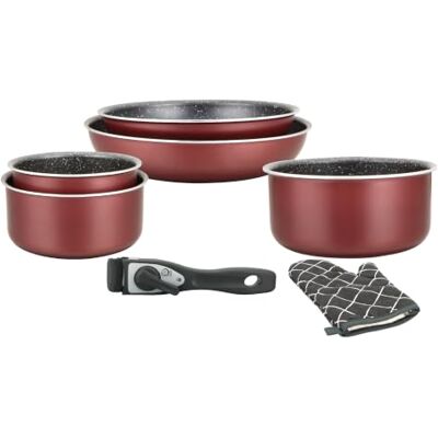 Herzberg HG8053 BR Kookgerei, 3 stuks inductiekookpannen en 2 pannen voor alle warmtebronnen in verschillende maten en 1 ovenwant, marmeren antiaanbaklaag, afneembare handgrepen, rood Herzberg HG8053 BR Kookgerei, 3 stuks inductiekookpannen en 2 pannen voor alle warmtebronnen in verschillende maten en 1 ovenwant, marmeren antiaanbaklaag, afneembare handgrepen, rood