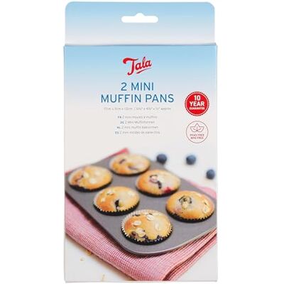 Tala Mini-muffinvorm, 2 stuks, koolstofstaal, antiaanbaklaag, BPA-vrij en PFAS-vrij, 17 x 11 cm, compacte plaat voor mini-muffins, cupcakes, kleine quiches en snacks, homogeen koken, grijs Tala Mini-muffinvorm, 2 stuks, koolstofstaal, antiaanbaklaag, BPA-vrij en PFAS-vrij, 17 x 11 cm, compacte plaat voor mini-muffins, cupcakes, kleine quiches en snacks, homogeen koken, grijs