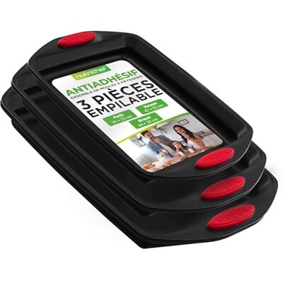 Nutrichef Set van 3 bakvormen – hoogwaardig koolstofstaal, antiaanbaklaag, siliconen handgrepen, groot/medium/klein, zonder PFOA/PFOS/PTFE, zwart Nutrichef Set van 3 bakvormen – hoogwaardig koolstofstaal, antiaanbaklaag, siliconen handgrepen, groot/medium/klein, zonder PFOA/PFOS/PTFE, zwart