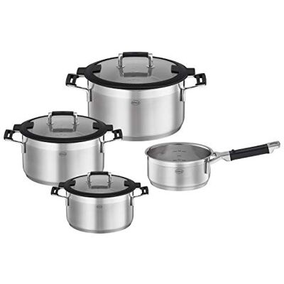 RÖSLE SILENCE PRO pannenset, 4-delig, hoogwaardige universele pannenset met 3 kookpannen en 1 steelpan, RVS 18/10, schaalverdeling aan binnenkant, geschikt voor inductie, vaatwasmachinebestendig RÖSLE SILENCE PRO pannenset, 4-delig, hoogwaardige universele pannenset met 3 kookpannen en 1 steelpan, RVS 18/10, schaalverdeling aan binnenkant, geschikt voor inductie, vaatwasmachinebestendig