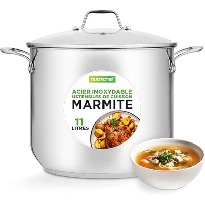 NutriChef Kookpan van roestvrij staal, 11 liter, roestvrij staal, geschikt voor levensmiddelen, zware inductie, grote pan met transparant deksel, vaatwasmachinebestendig NutriChef Kookpan van roestvrij staal, 11 liter, roestvrij staal, geschikt voor levensmiddelen, zware inductie, grote pan met transparant deksel, vaatwasmachinebestendig