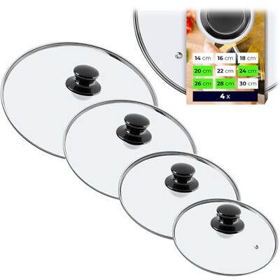 KADAX Set van 4 glazen deksels voor pan en pan Ø 20/24/26/28 cm, hittebestendig, met zwarte handgrepen, voor visueel koken, houdt warmte en spatten vast KADAX Set van 4 glazen deksels voor pan en pan Ø 20/24/26/28 cm, hittebestendig, met zwarte handgrepen, voor visueel koken, houdt warmte en spatten vast