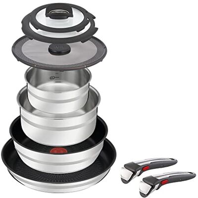 Tefal Jamie Oliver by L9769932 Ingenio 9-delige roestvrijstalen set met 2 afneembare handgrepen, 2 gecoate pannen, 2 pannen en 3 deksels, geschikt voor inductie Tefal Jamie Oliver by L9769932 Ingenio 9-delige roestvrijstalen set met 2 afneembare handgrepen, 2 gecoate pannen, 2 pannen en 3 deksels, geschikt voor inductie