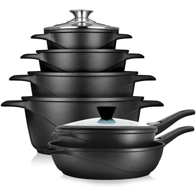 briebe Kookgerei inductie, 12-delig, set van 4 gietijzeren aluminium pannen + 2 pannen, antiaanbaklaag ILAG GRANITEC zonder PFOA, glazen deksel, siliconen handschoenen, gas, oven briebe Kookgerei inductie, 12-delig, set van 4 gietijzeren aluminium pannen + 2 pannen, antiaanbaklaag ILAG GRANITEC zonder PFOA, glazen deksel, siliconen handschoenen, gas, oven