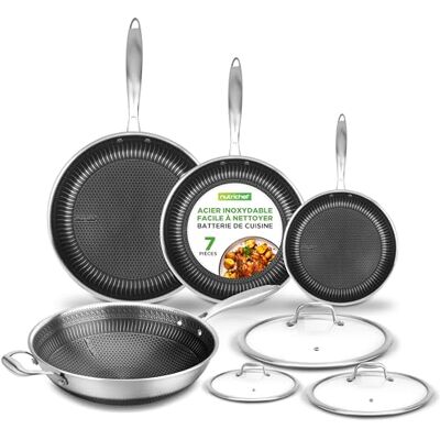 Nutrichef 7-delige pannenset – roestvrijstalen pannen met Dakin-antiaanbaklaag, kleine middelgrote grote pannen met deksel, geschikt voor alle warmtebronnen Nutrichef 7-delige pannenset – roestvrijstalen pannen met Dakin-antiaanbaklaag, kleine middelgrote grote pannen met deksel, geschikt voor alle warmtebronnen