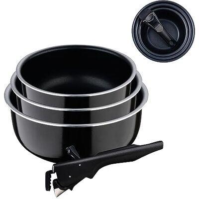 Bergner Click&Cook Black Edition Set van 3 keukenpannen van 16, 18 en 20 cm + afneembare ergonomische handgreep, geperst en anti-aanbaklaag aluminium, alle soorten keukens en oven Bergner Click&Cook Black Edition Set van 3 keukenpannen van 16, 18 en 20 cm + afneembare ergonomische handgreep, geperst en anti-aanbaklaag aluminium, alle soorten keukens en oven