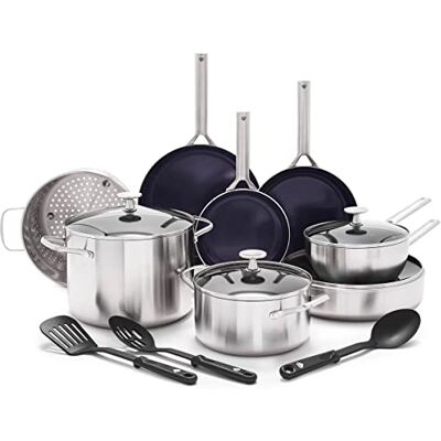 Blue Diamond Triple Steel Kookgerei van roestvrij staal 18/10, keramische coating, antiaanbaklaag, 14 stuks, braadpan, pan, PFAS-vrij, meerlaags, inductie, vaatwasser, oven, zilver Blue Diamond Triple Steel Kookgerei van roestvrij staal 18/10, keramische coating, antiaanbaklaag, 14 stuks, braadpan, pan, PFAS-vrij, meerlaags, inductie, vaatwasser, oven, zilver