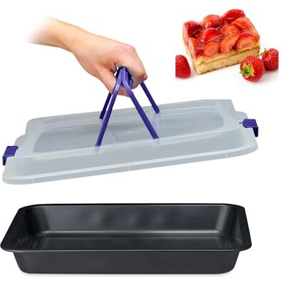 Relaxdays Kookplaat met deksel, 3-in-1 transportbox, BT 40,5 x 32,5 cm, bakvorm, transportdeksel, zwart/blauw Relaxdays Kookplaat met deksel, 3-in-1 transportbox, BT 40,5 x 32,5 cm, bakvorm, transportdeksel, zwart/blauw