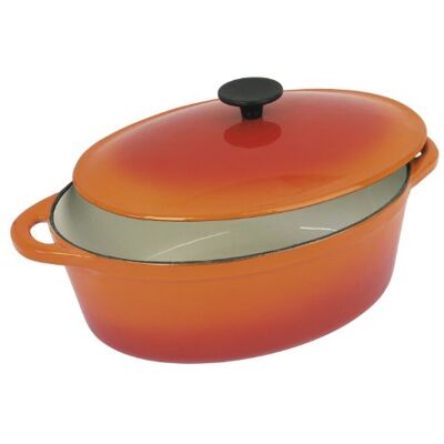 Crealys 501602, Grand Chef ovale stoofpan van geëmailleerd gietijzer, 9 liter, buiten oranje en binnen wit, alle warmtebronnen inclusief inductie Crealys 501602, Grand Chef ovale stoofpan van geëmailleerd gietijzer, 9 liter, buiten oranje en binnen wit, alle warmtebronnen inclusief inductie