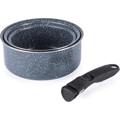 Russell Hobbs Nightfall Stone Saucepan Set van 3 stuks – Smart Clip Non-Stick Pans, 16 cm, 18 cm, 20 cm, Stay Cool Afneembare Handgreep, Oven To Hob To Table Cooking, Space Saving Stapelbare Cookware Russell Hobbs Nightfall Stone Saucepan Set van 3 stuks – Smart Clip Non-Stick Pans, 16 cm, 18 cm, 20 cm, Stay Cool Afneembare Handgreep, Oven To Hob To Table Cooking, Space Saving Stapelbare Cookware