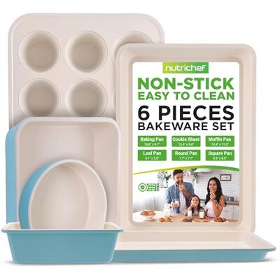 NutriChef Set van 6 bakplaten met antiaanbaklaag taartvormen, muffins en brood, witte binnenkant en groene coating, premium keukengerei NutriChef Set van 6 bakplaten met antiaanbaklaag taartvormen, muffins en brood, witte binnenkant en groene coating, premium keukengerei