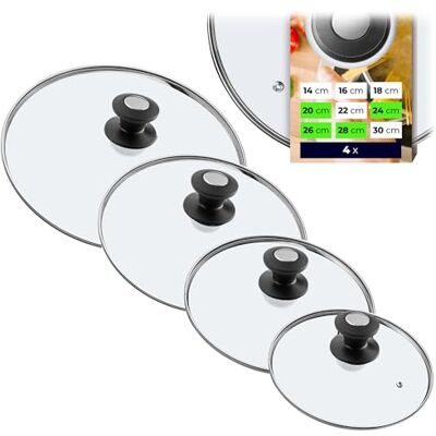 KADAX Set van 4 universele glazen deksels met een diameter van 20/24/26/28 cm, met handvat in zwart/zilver, hittebestendig, voor potten en pannen, ruimtebesparend, eenvoudig KADAX Set van 4 universele glazen deksels met een diameter van 20/24/26/28 cm, met handvat in zwart/zilver, hittebestendig, voor potten en pannen, ruimtebesparend, eenvoudig