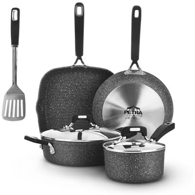 KASANOVA New Petra Dark pannenset potten en pannen voor inductie en oven tot 180°C, antiaanbaklaag met pannenlap en stalen lepel (7) KASANOVA New Petra Dark pannenset potten en pannen voor inductie en oven tot 180°C, antiaanbaklaag met pannenlap en stalen lepel (7)