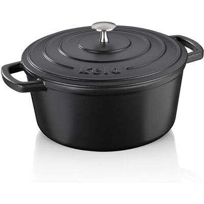 kela 12472 Braadpan met deksel, gietijzer, laagje email, hoge warmte-opslag, geschikt voor inductiekookplaten, 5 l, zwart, rond, Calido kela 12472 Braadpan met deksel, gietijzer, laagje email, hoge warmte-opslag, geschikt voor inductiekookplaten, 5 l, zwart, rond, Calido