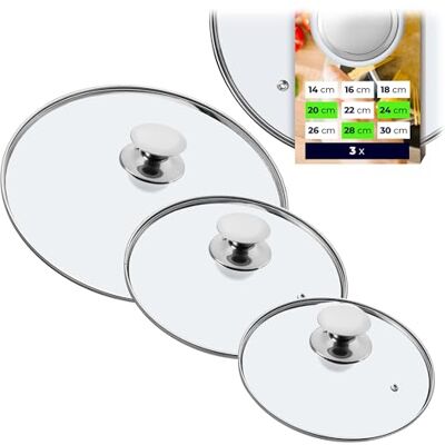 KADAX Set van 3 universele glazen deksels Ø 20/24/28 cm, hittebestendig, met zilveren handgreep, voor potten en pannen, houdt warmte vast en vermindert spatten KADAX Set van 3 universele glazen deksels Ø 20/24/28 cm, hittebestendig, met zilveren handgreep, voor potten en pannen, houdt warmte vast en vermindert spatten