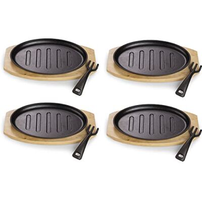 ECHTWERK Set van 4 gietijzeren pannen, kleine grillpan met serveerplank, afneembare handgreep, al gebakken, geschikt voor ovens, grills, BBQ en inductie, Ø 24 x 14 cm ECHTWERK Set van 4 gietijzeren pannen, kleine grillpan met serveerplank, afneembare handgreep, al gebakken, geschikt voor ovens, grills, BBQ en inductie, Ø 24 x 14 cm