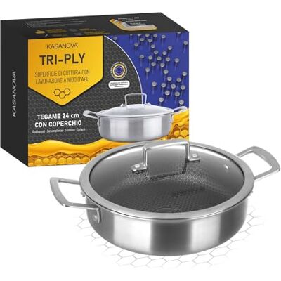 KASANOVA Drievoudige braadpan 24 cm met 3-laags deksel KASANOVA Drievoudige braadpan 24 cm met 3-laags deksel