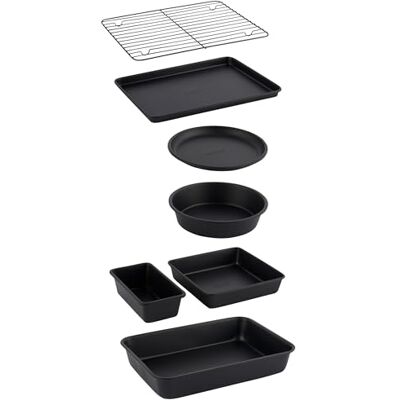 Salter 7-delige bakset, bakvormen, antiaanbaklaag, bakplaat, taartvorm, broodvorm, brownieschaal, braadpan, koelrooster, ideaal voor thuis bakken Salter 7-delige bakset, bakvormen, antiaanbaklaag, bakplaat, taartvorm, broodvorm, brownieschaal, braadpan, koelrooster, ideaal voor thuis bakken