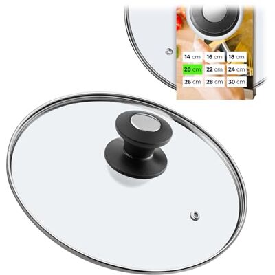 KADAX Glazen deksel met een diameter van 20 cm met zwarte en zilveren handgreep, hittebestendig, met stoomgat, universeel deksel voor potten en pannen, helder zicht, sluiting KADAX Glazen deksel met een diameter van 20 cm met zwarte en zilveren handgreep, hittebestendig, met stoomgat, universeel deksel voor potten en pannen, helder zicht, sluiting