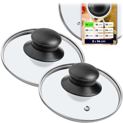 KADAX Set van 2 glazen deksels met een diameter van 14 cm, hittebestendig, met handvat, universeel deksel voor potten en pannen, transparant, voor spatvrij koken KADAX Set van 2 glazen deksels met een diameter van 14 cm, hittebestendig, met handvat, universeel deksel voor potten en pannen, transparant, voor spatvrij koken