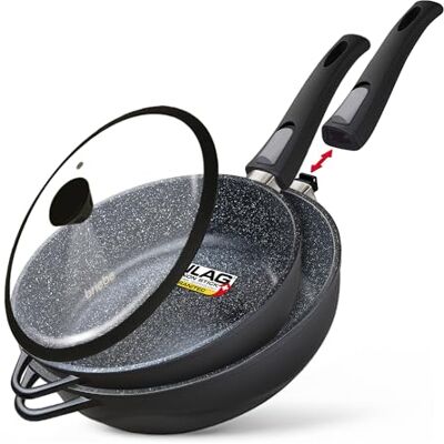 briebe MGK-19S Set van 2 braadpan voor inductie, pannen met 2 afneembare handgrepen, 24/28 cm, met glazen deksel, gegoten aluminium, ILAG Graniet zonder PFOA, glaskeramiek, gas, oven briebe MGK-19S Set van 2 braadpan voor inductie, pannen met 2 afneembare handgrepen, 24/28 cm, met glazen deksel, gegoten aluminium, ILAG Graniet zonder PFOA, glaskeramiek, gas, oven
