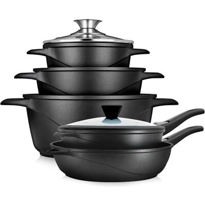 briebe Kookgerei inductie, 10-delig, set van 3 gietijzeren aluminium pannen + 2 pannen, antiaanbaklaag ILAG GRANITEC zonder PFOA, glazen deksel, siliconen handschoenen, gas, oven briebe Kookgerei inductie, 10-delig, set van 3 gietijzeren aluminium pannen + 2 pannen, antiaanbaklaag ILAG GRANITEC zonder PFOA, glazen deksel, siliconen handschoenen, gas, oven