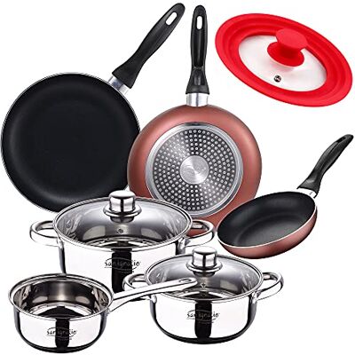 San Ignacio 5-delige set van roestvrij staal: steelpan ø16 x 7,5 steelpan ø18 x 8,5 in ø20 x 9,5 cm. 3 panels ø16/20/24 cm, geperst aluminium, geschikt voor inductie + universele deksel (16 18 20 cm San Ignacio 5-delige set van roestvrij staal: steelpan ø16 x 7,5 steelpan ø18 x 8,5 in ø20 x 9,5 cm. 3 panels ø16/20/24 cm, geperst aluminium, geschikt voor inductie + universele deksel (16 18 20 cm