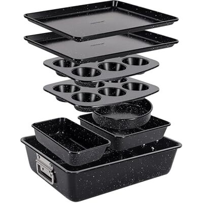 NutriChef Stapelbare bakvormenset, 8-delig, bakplaat, muffinvorm, rond, cake, vierkant en diep, koolstofstaal, antiaanbaklaag, hoge kwaliteit, oven ≤ 230 °C, zwart marmer NutriChef Stapelbare bakvormenset, 8-delig, bakplaat, muffinvorm, rond, cake, vierkant en diep, koolstofstaal, antiaanbaklaag, hoge kwaliteit, oven ≤ 230 °C, zwart marmer