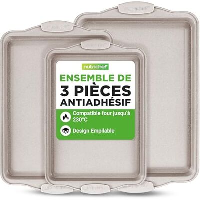 Nutrichef Set van 3 bakplaten met antiaanbaklaag voor koekjes, pannen van hoogwaardig koolstofstaal met zwarte siliconen handgrepen, gelijkmatige warmteverdeling, PFOA/PFOS vrij Nutrichef Set van 3 bakplaten met antiaanbaklaag voor koekjes, pannen van hoogwaardig koolstofstaal met zwarte siliconen handgrepen, gelijkmatige warmteverdeling, PFOA/PFOS vrij