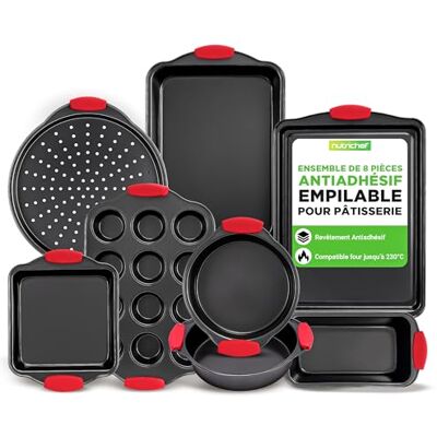 NutriChef Bakvormen Set van 8 bakplaten met antiaanbaklaag van koolstofstaal Stapelbare dienbladen Inclusief koekjesplaten, cakevorm, pizza, muffins en cake Zwart NutriChef Bakvormen Set van 8 bakplaten met antiaanbaklaag van koolstofstaal Stapelbare dienbladen Inclusief koekjesplaten, cakevorm, pizza, muffins en cake Zwart