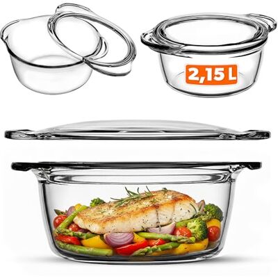 KADAX Hittebestendige glazen braadpan met deksel en handgrepen voor lasagne, hittebestendige schaal voor koken, bakken, braden (rond, 2,15 l) KADAX Hittebestendige glazen braadpan met deksel en handgrepen voor lasagne, hittebestendige schaal voor koken, bakken, braden (rond, 2,15 l)