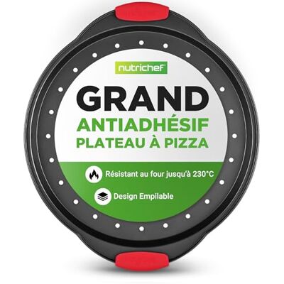 Nutrichef Pizzaplaat, anti-aanbaklaag, ronde schaal van geperforeerd staal, handvat van siliconen en extra groot handvat, ovenschaal, vaatwasmachinebestendig, zwart Nutrichef Pizzaplaat, anti-aanbaklaag, ronde schaal van geperforeerd staal, handvat van siliconen en extra groot handvat, ovenschaal, vaatwasmachinebestendig, zwart