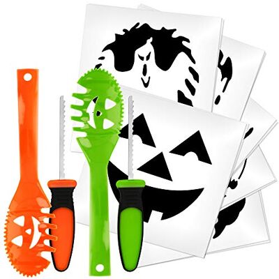 com-four ® Hoogwaardige 2-delige pompoenset met een pompoenlepel en griezelige snijsjablonen voor Halloween (02 stuks, lepel met sjablonen) com-four ® Hoogwaardige 2-delige pompoenset met een pompoenlepel en griezelige snijsjablonen voor Halloween (02 stuks, lepel met sjablonen)