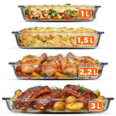 KADAX Set van 4 hittebestendige glazen ovenschalen (1 l, 1,5 l, 2,2 l, 3 l) ovenbestendige glazen vormen voor bakken, koken en serveren, vaatwasmachinebestendig en geschikt KADAX Set van 4 hittebestendige glazen ovenschalen (1 l, 1,5 l, 2,2 l, 3 l) ovenbestendige glazen vormen voor bakken, koken en serveren, vaatwasmachinebestendig en geschikt
