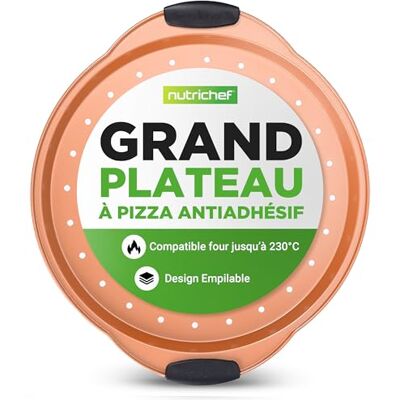 Nutrichef Pizzaplaat 36 cm antiaanbaklaag van koolstofstaal, ronde kookpan met siliconen handgrepen, homogene warmteverdeling, ovenbestendig, privé- en professioneel gebruik Nutrichef Pizzaplaat 36 cm antiaanbaklaag van koolstofstaal, ronde kookpan met siliconen handgrepen, homogene warmteverdeling, ovenbestendig, privé- en professioneel gebruik