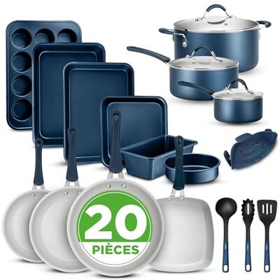 NutriChef 20 stuks anti-aanbak-keukengerei zonder PTFE PFOA PFOS van hittebestendig silicone met potten, braadpannen, potten, oven, deksel, gebruiksvoorwerpen, Blau-NCCW20SBLU, Eén maat, marineblauw NutriChef 20 stuks anti-aanbak-keukengerei zonder PTFE PFOA PFOS van hittebestendig silicone met potten, braadpannen, potten, oven, deksel, gebruiksvoorwerpen, Blau-NCCW20SBLU, Eén maat, marineblauw