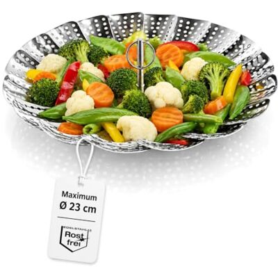 com-four ® Stoommand van roestvrij staal, opvouwbaar inzetstuk Verstelbaar pannenaccessoire, ideaal voor het voorzichtig koken van groenten, ook geschikt als fruitmand com-four ® Stoommand van roestvrij staal, opvouwbaar inzetstuk Verstelbaar pannenaccessoire, ideaal voor het voorzichtig koken van groenten, ook geschikt als fruitmand
