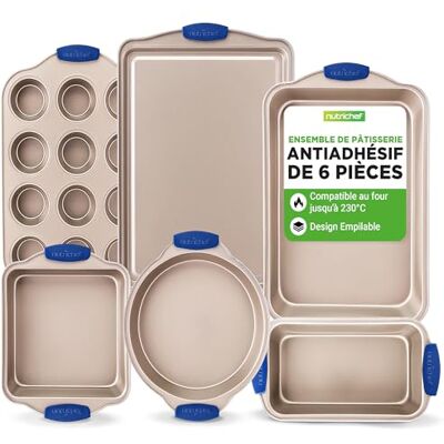 NutriChef Bakvormen, set van 6 vormen met antiaanbaklaag van koolstofstaal, geschikt voor oven tot 230 °C, voor pizza, brood, muffins, braadpan, ronde en vierkante vormen en koekjesplaat NutriChef Bakvormen, set van 6 vormen met antiaanbaklaag van koolstofstaal, geschikt voor oven tot 230 °C, voor pizza, brood, muffins, braadpan, ronde en vierkante vormen en koekjesplaat