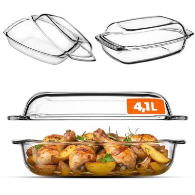 KADAX Hittebestendige glazen ovenschaal, vuurvaste container met deksel en handgrepen, braadservies, oven, elektrisch fornuis, lasagne, vlees, transparant (rechthoekig, 4,1 KADAX Hittebestendige glazen ovenschaal, vuurvaste container met deksel en handgrepen, braadservies, oven, elektrisch fornuis, lasagne, vlees, transparant (rechthoekig, 4,1
