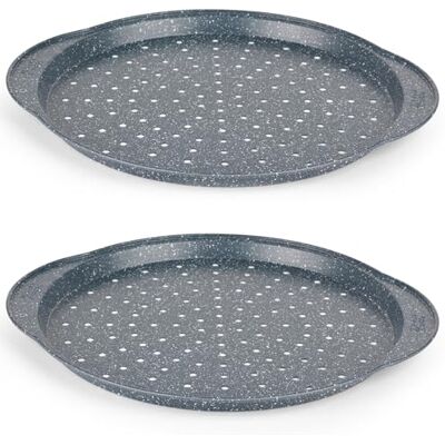 Russell Hobbs Set van 2 geperforeerde pizzaplaten, 37 cm, niet-klevende bakplaten, ideaal voor het koken van pizza, knoflookbrood en meer, koolstofstaal, Nightfall Stone coating Russell Hobbs Set van 2 geperforeerde pizzaplaten, 37 cm, niet-klevende bakplaten, ideaal voor het koken van pizza, knoflookbrood en meer, koolstofstaal, Nightfall Stone coating