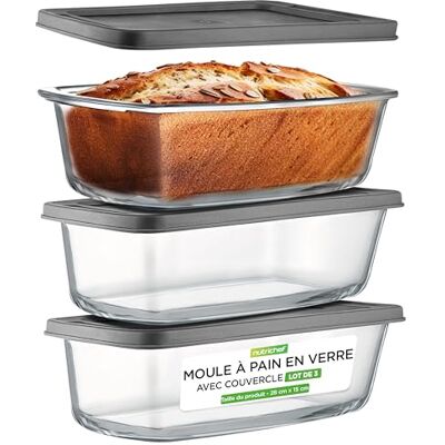 NutriChef Set van 3 glazen taartvormen/broodvormen met luchtdicht deksel 1,8 l per vorm BPA-vrije glazen containers, stapelbaar, oven- en diepvriesbestendig NutriChef Set van 3 glazen taartvormen/broodvormen met luchtdicht deksel 1,8 l per vorm BPA-vrije glazen containers, stapelbaar, oven- en diepvriesbestendig