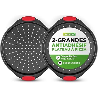Nutrichef Pizzaplaat, anti-aanbaklaag, ronde schaal van geperforeerd staal, handvat van siliconen en extra groot handvat, ovenschaal, vaatwasmachinebestendig, zwart Nutrichef Pizzaplaat, anti-aanbaklaag, ronde schaal van geperforeerd staal, handvat van siliconen en extra groot handvat, ovenschaal, vaatwasmachinebestendig, zwart