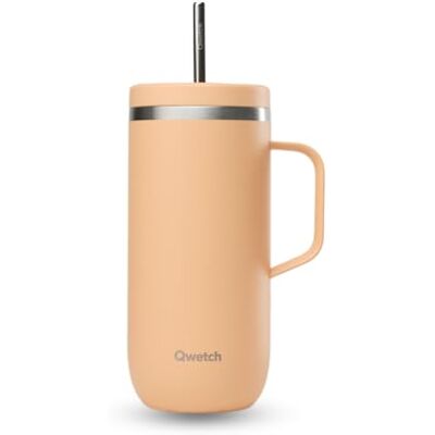 QWETCH Cold Cup 600 ml met handvat en rietje 24 uur ijskoud en 12 uur koud abrikoos thermosfles van roestvrij staal, koffiemok QWETCH Cold Cup 600 ml met handvat en rietje 24 uur ijskoud en 12 uur koud abrikoos thermosfles van roestvrij staal, koffiemok