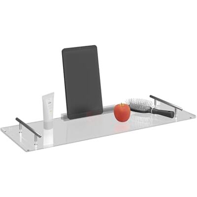 Relaxdays Badplank, acrylplaat, lengte 68 x 23 cm, tafel met tablethouder, transparant, ijzer Relaxdays Badplank, acrylplaat, lengte 68 x 23 cm, tafel met tablethouder, transparant, ijzer